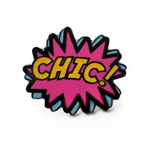 Pin Drop pink yellow pop art CHIC! text enamel pin